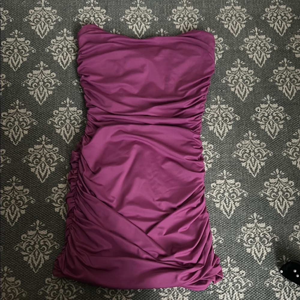 Lucy in the Sky Purple Ruched Strapless Bodycon Mini Dress